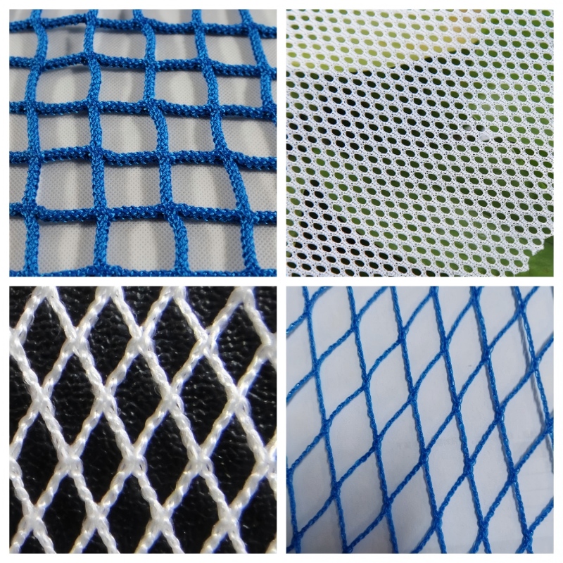 Multiple finished net fabric samples woven by LongLong Sheng HSGE2320-8 warp knitting machine,including fishing net, aquaculture cage mesh, safety barrier net