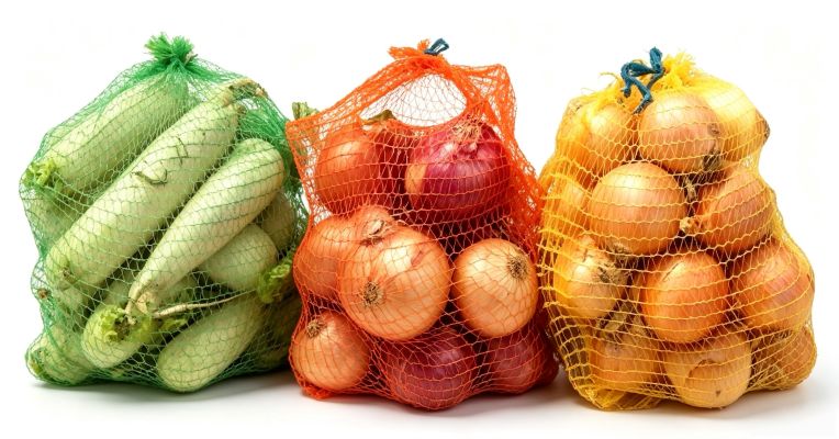 Finished vegetable mesh bags packed potatoes onions citrus fruits for export supermarket packaging