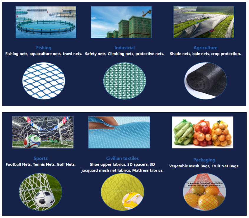 Warp knitting applications including fishing nets, safety nets, shoe materials and mesh fabrics